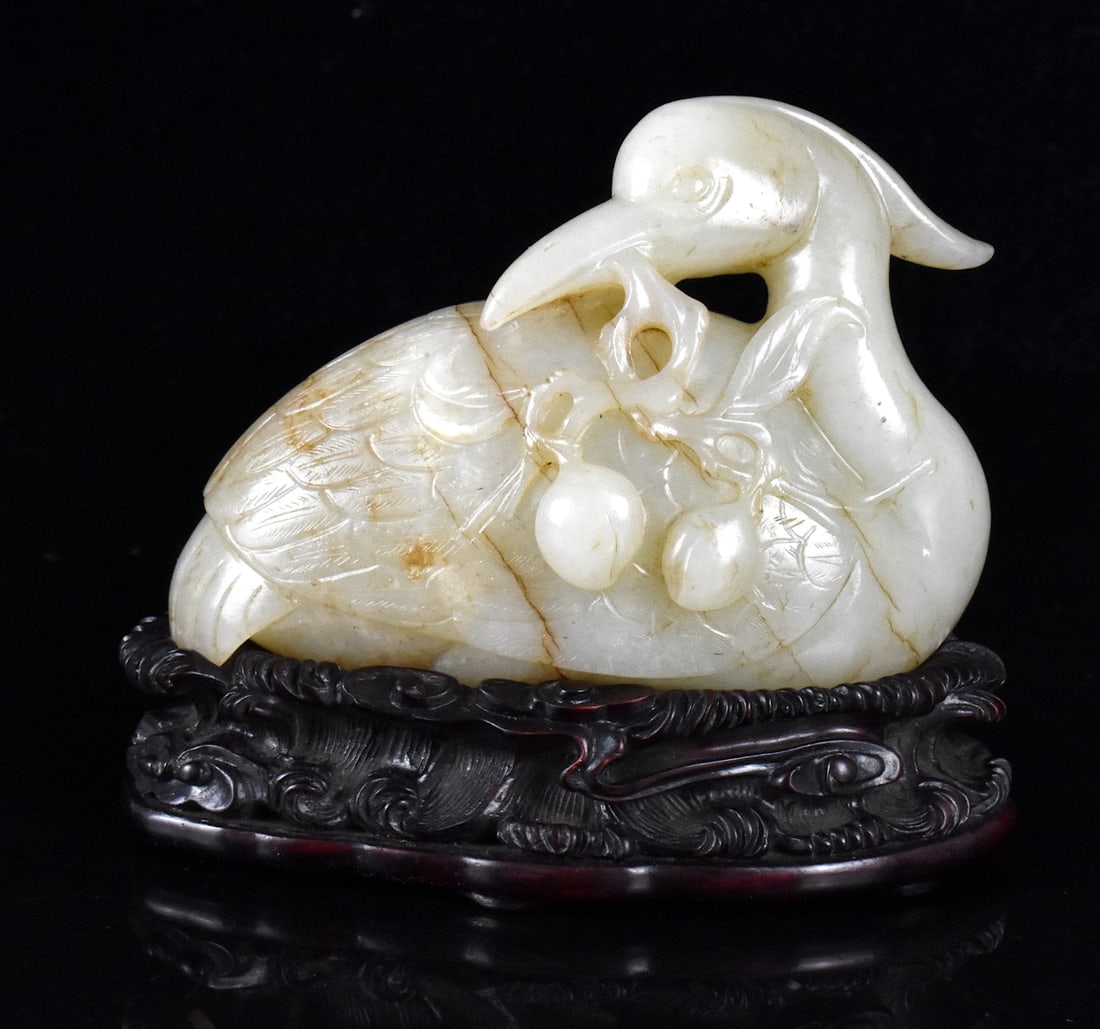 Chinese Jade Carved Mandarin Duck on Stand (1 of 14)