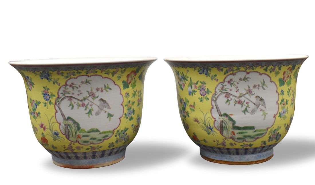 Pair Large Chinese Yellow & Famille Rose Planters (1 of 11)