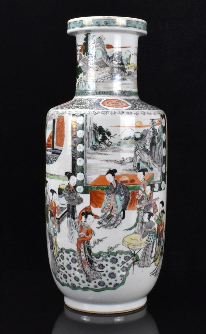 Chinese Famille Verte Rouleau Vase, 19th C.: Chinese famille verte rouleau vase, dating from the 19th C. with high cylindrical body and angled shoulder to a wide cylindrical neck and flared mouth, dish shaped rim, the body features ladies playin