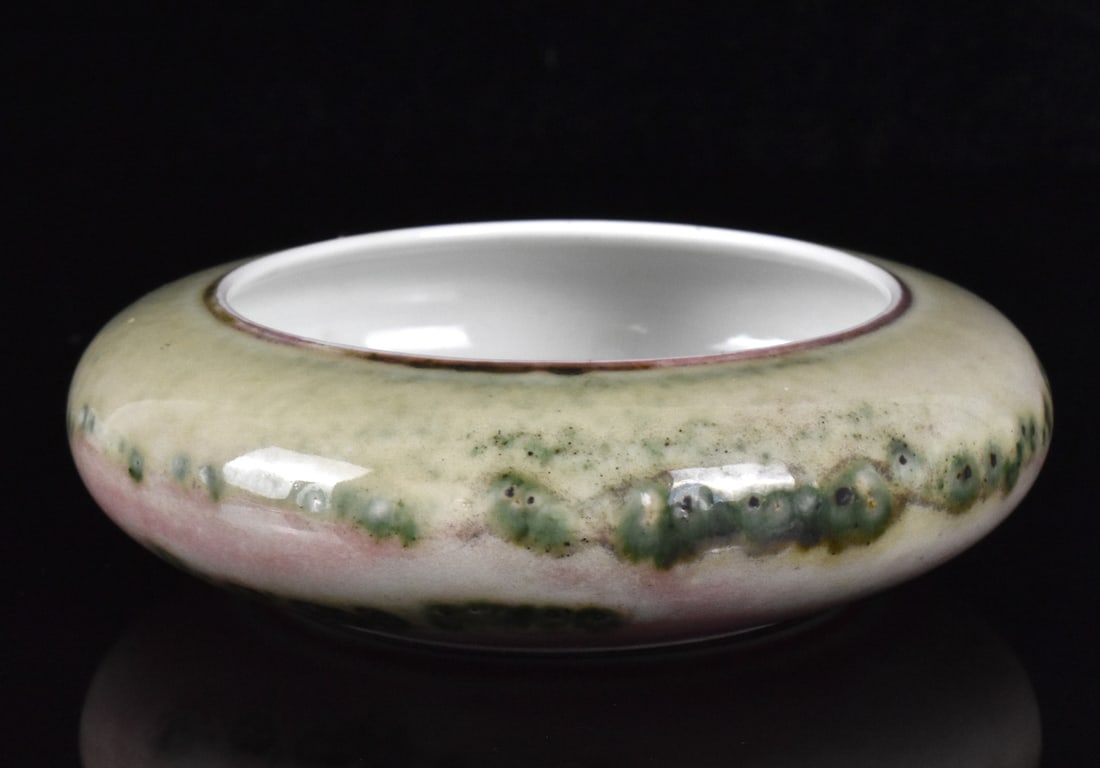 Chinese Peach Blossom Glazed Brush Washer,19th C.: A Chinese peach blossom glazed rounded brush washer,dated from 19th C, with sides curving inwards. White glazed interior and peach blossom glaze exterior. six under glaze blue character mark on the ba