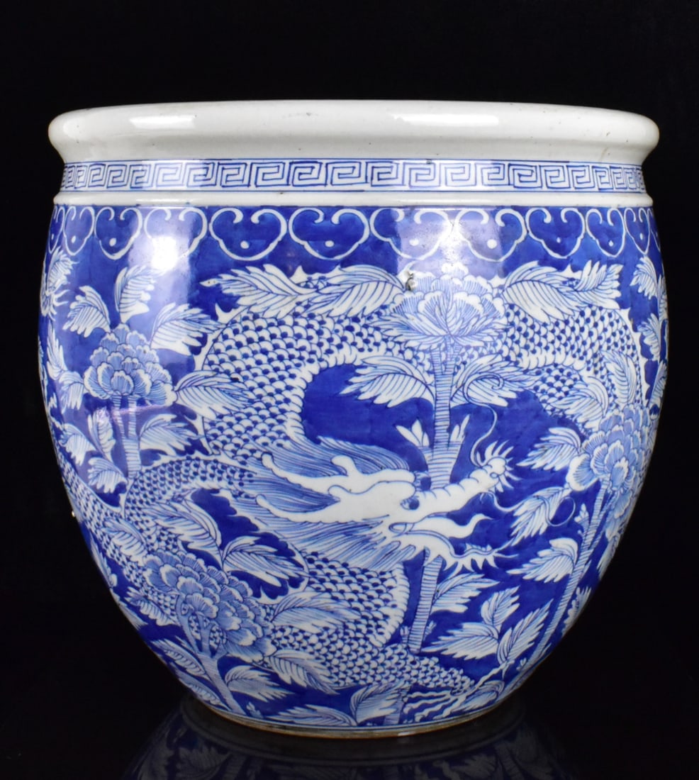 Chinese Blue & White Dragon Fish Bowl, 19th C. (1 of 17)