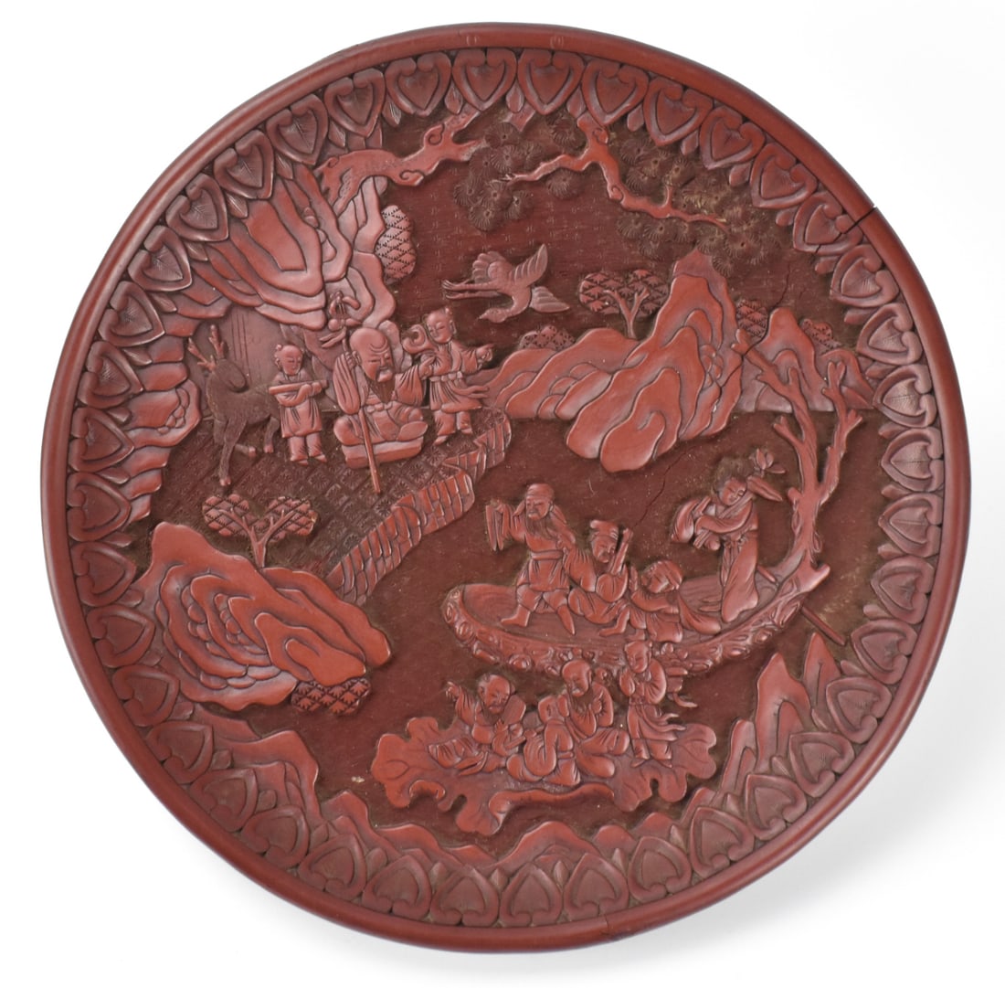 Chinese Cinnabar Carved Deities Dish, 19th C. (1 of 11)