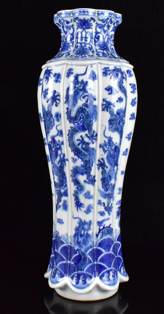 Chinese Blue & White Lobed Dragon Vase, 19th C, (1 of 17)