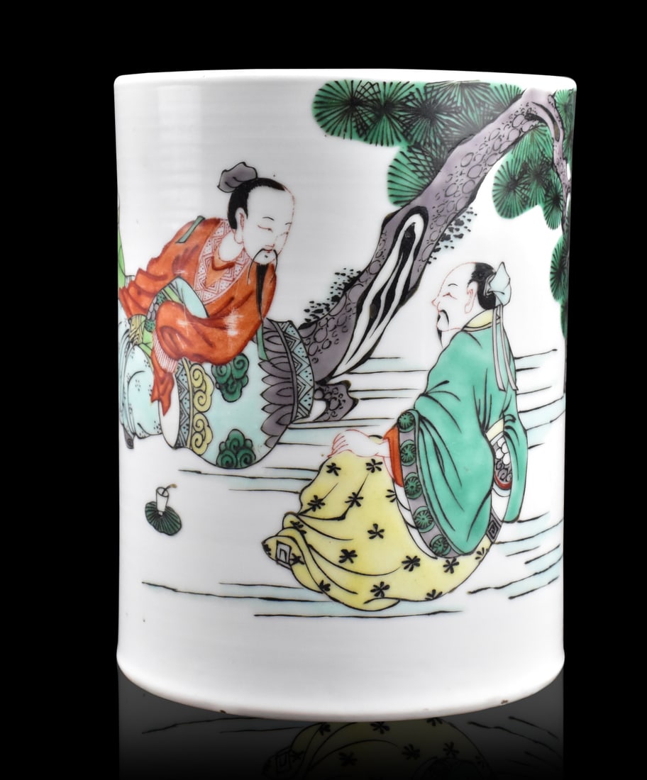 Chinese Wucai Brushpot w/ Scholar (1 of 10)