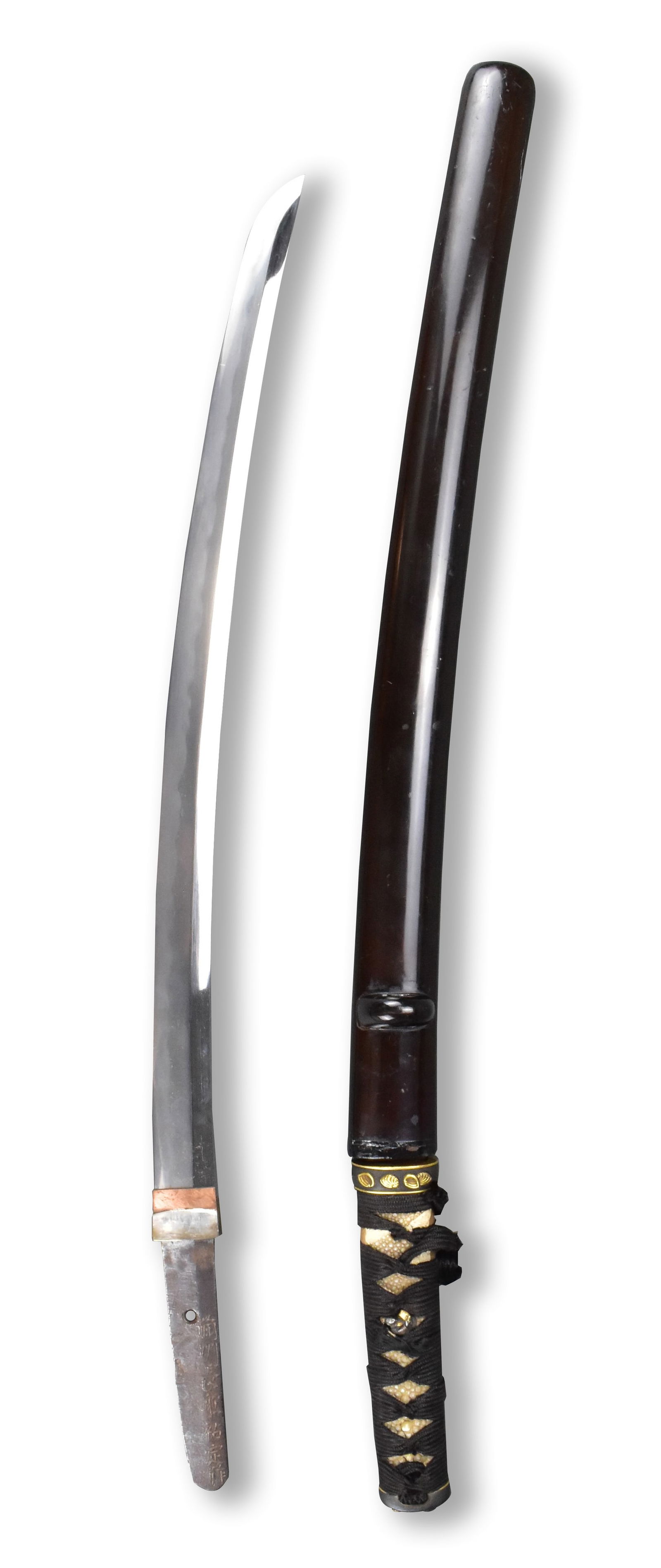 Osafune Sukesada,Japanese Wakizashi,Late Muromachi: signed by bladesmith "Osafune Sukesada", Japanese wakizashi sword,dated from late Muromachi Period. rounded tsuba with mixed metal design of landscape on both sides,Wrapped ray skin handle has with mi