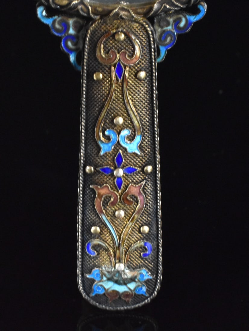 Chinese Silver Mirror w/ Jade Plaque & Hook,19th C - 10