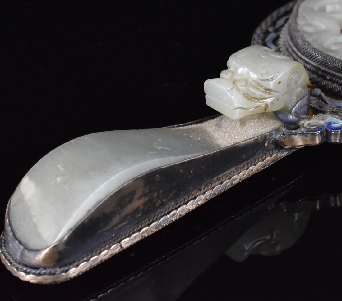 Chinese Silver Mirror w/ Jade Plaque & Hook,19th C - 8