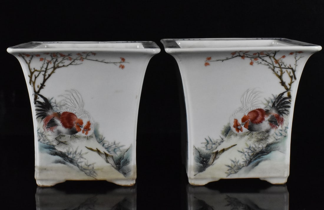 Pair of Chinese Famille Rose Planters,19th C.: pair of Chinese famille rose planter, dated from 19th C. in squared form with flared flat rim ,painted continously with two chicken on one side and magpie on reverse side, peony flower on the other tw