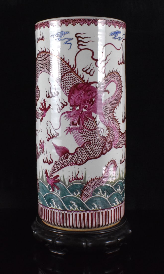 Large Chinese Porcelain Dragon Arrow Stand,19th C.: large Chinese porcelain dragon arrow stand, dated from 19th C, in cylindrical form decorated with a large ruby enameled swirling dragon and a smaller dragon pursuing a flaming pearl amongst bright blu