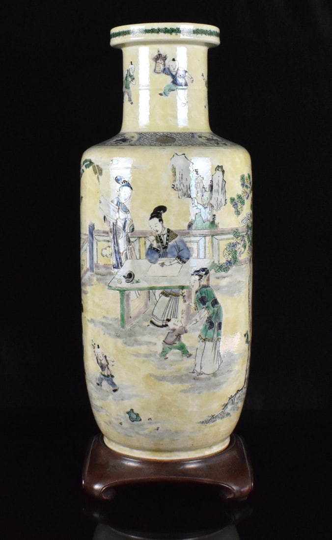 Chinese Famille Verte Rouleau Vase, 19th C.: Chinese famille verte rouleau vase, dated from 19th C. with high cylindrical body and angled shoulder to a narrow cylindrical neck and dish shaped rim, the body features ladies playing "Go" and painti