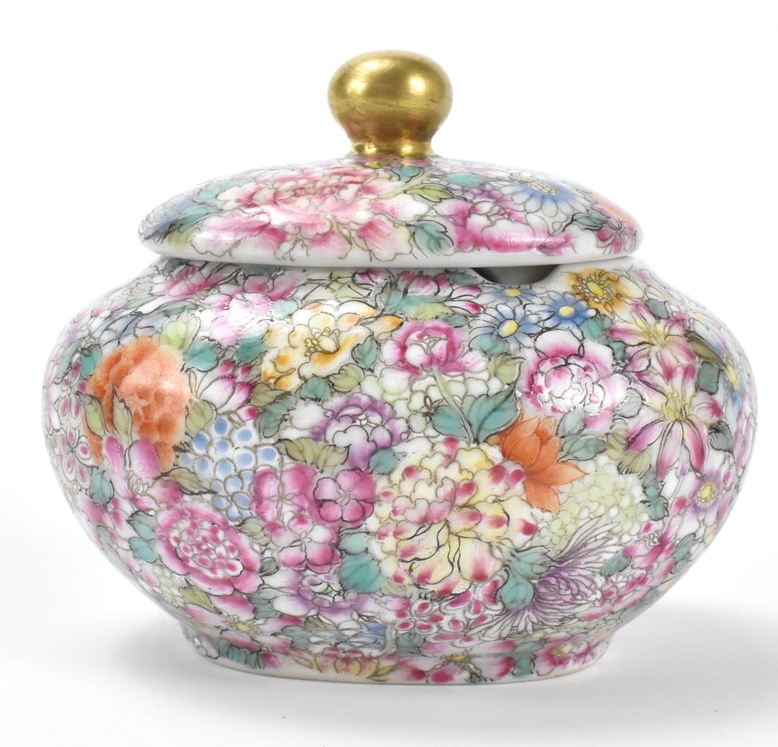 Chinese Famille Rose Milifloral Water Couple,ROC P: A Chinese famille rose Millifloral water couple. dated from Republic period, Squat and oval shaped with rounded sides coming together at top to a rounded cover with gold color finial. Densely painted