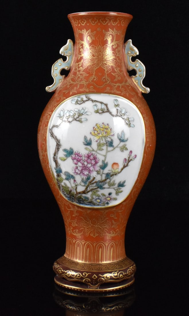 Chinese Gilt Famille Rose Scone Vase,ROC Period: A Chinese scones wall vase. dated from ROC Period, Exceptional detail wall vase with simulated wood base, curved body with gilt foliage scrolls over iron red ground. Panel on body with detailed bushes