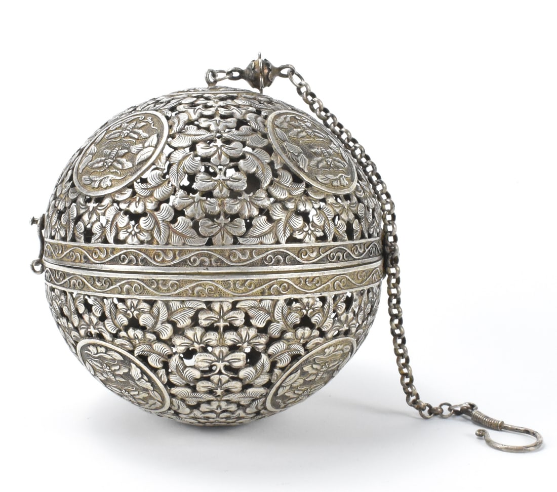 Chinese Round Silver Censer w/ Chain,Qing Dynasty: A Chinese round silver censer,dated from Qing Dynasty, which opens on hinge and had small bowl for incense. Bowl is supported in all directions by three rings with gyroscopic effect to prevent incense