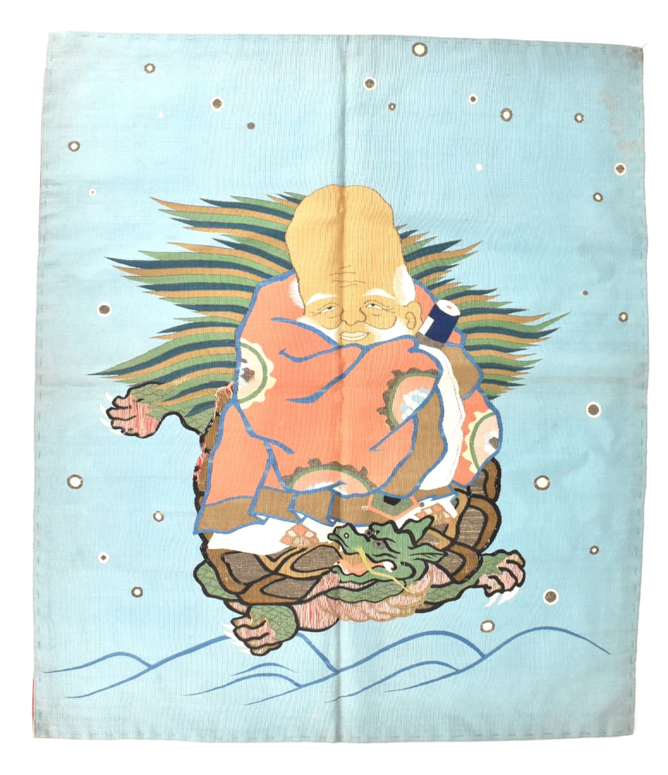Chinese Silk Embroidery "Shou" on Turtle, 19th C.: squared embroidery with a large "Shou" figure holding a scroll riding on a dragon turtle over a light blue background D: 29 7/8"(76 cm) x 25 5/8"(65 cm) Collection of a private Newark ,New Jersey coll