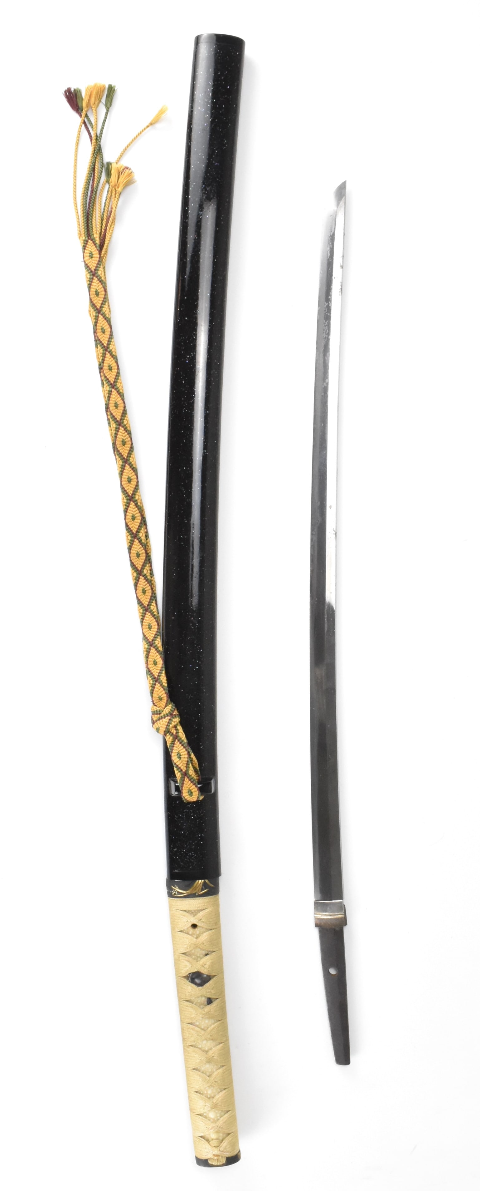 Japanese Age Ceremonial Children Sword, Edo Period: Mumei, Japanese Age Ceremonial Children Sword, dated from Edo Period, thin curved blade with tightly wrapped ray skin handle with frog shaped Menuki on both sides,mixed metal pommel and fitting with o