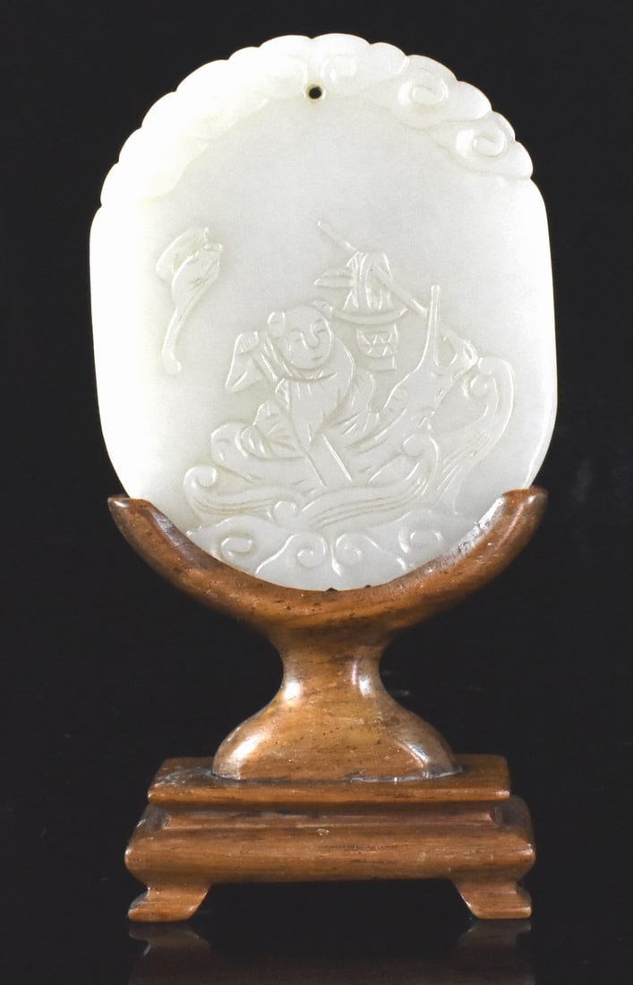 Chinese Jade Carved Plaque w/ Boy on Boat,19th C. (1 of 9)