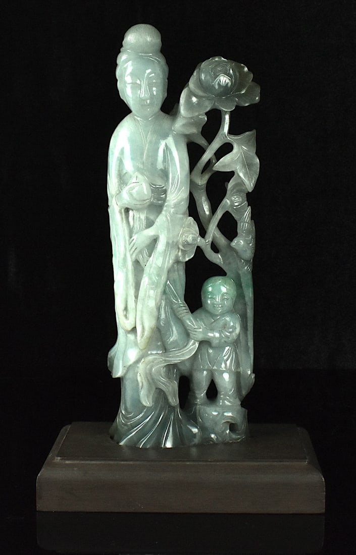 Chinese Jadeite Carved Guanyin & Boy Figure,19th C (1 of 11)