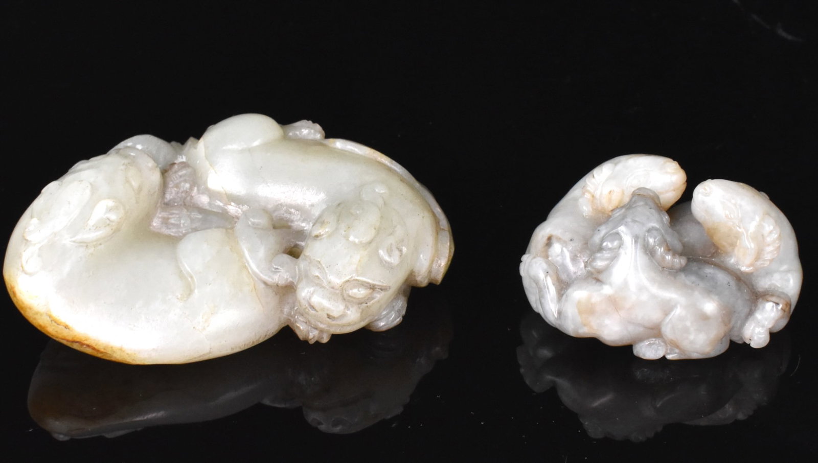 2 Chinese Jade Carved 3 Goat & Twin Beast, 19th C. (1 of 12)