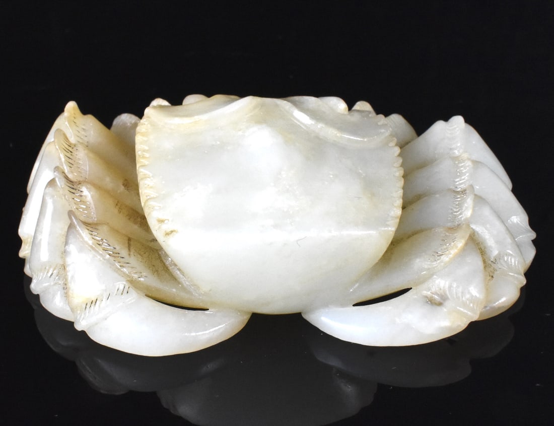 Chinese Jade Carved Crab, 19th C.: A Chinese jade carved crab dating from the 20th century. carving on both sides with realistic detail in claws and shell D. 3 1/2" (8.9 cm) Collection of a private Quincy, Massachusetts collector Link 
