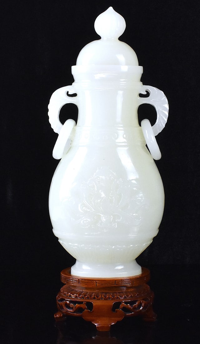 Chinese White Jade Carved lidded Vase on Stand (1 of 10)
