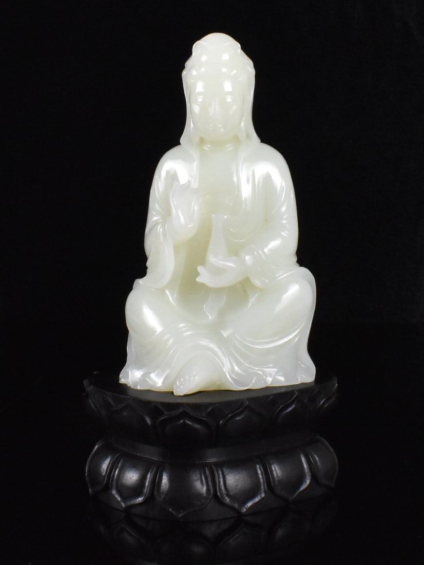 Chinese White Jade Carved Guanyin Figure on Stand (1 of 13)