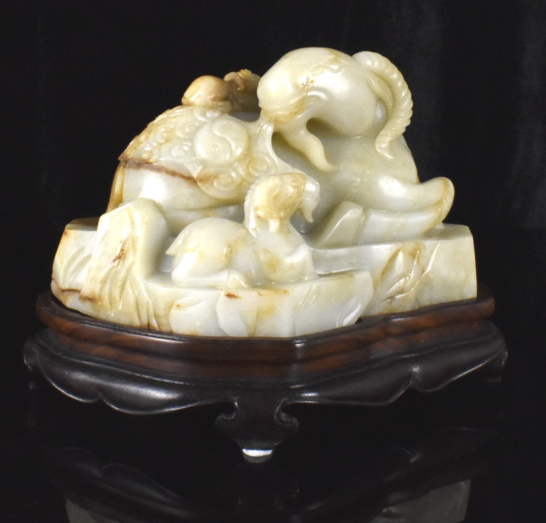 Large Chinese Jade Carved Boulder w/ 3 Goats (1 of 18)