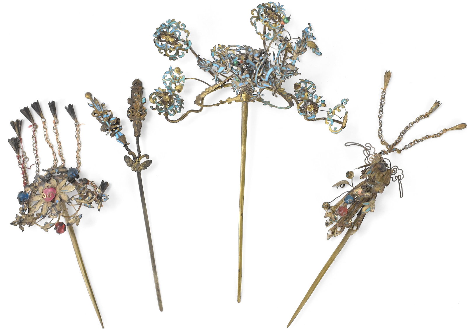 4 Chinese Kingfisher Hairpins & Gem Stones,Qing D.: Four Chinese hairpins with gem stones, all dated from Qing Dynasty, one large one and three smaller ones, all with kingfisher decorated flower largest H. 8" (20.3 cm), Others approx. H. 5 1/2" (14 cm)