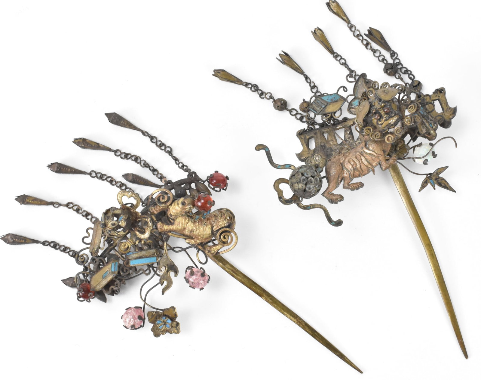 Pair Chinese Kingfisher Foo Lion Hairpins w/ Gems (1 of 5)