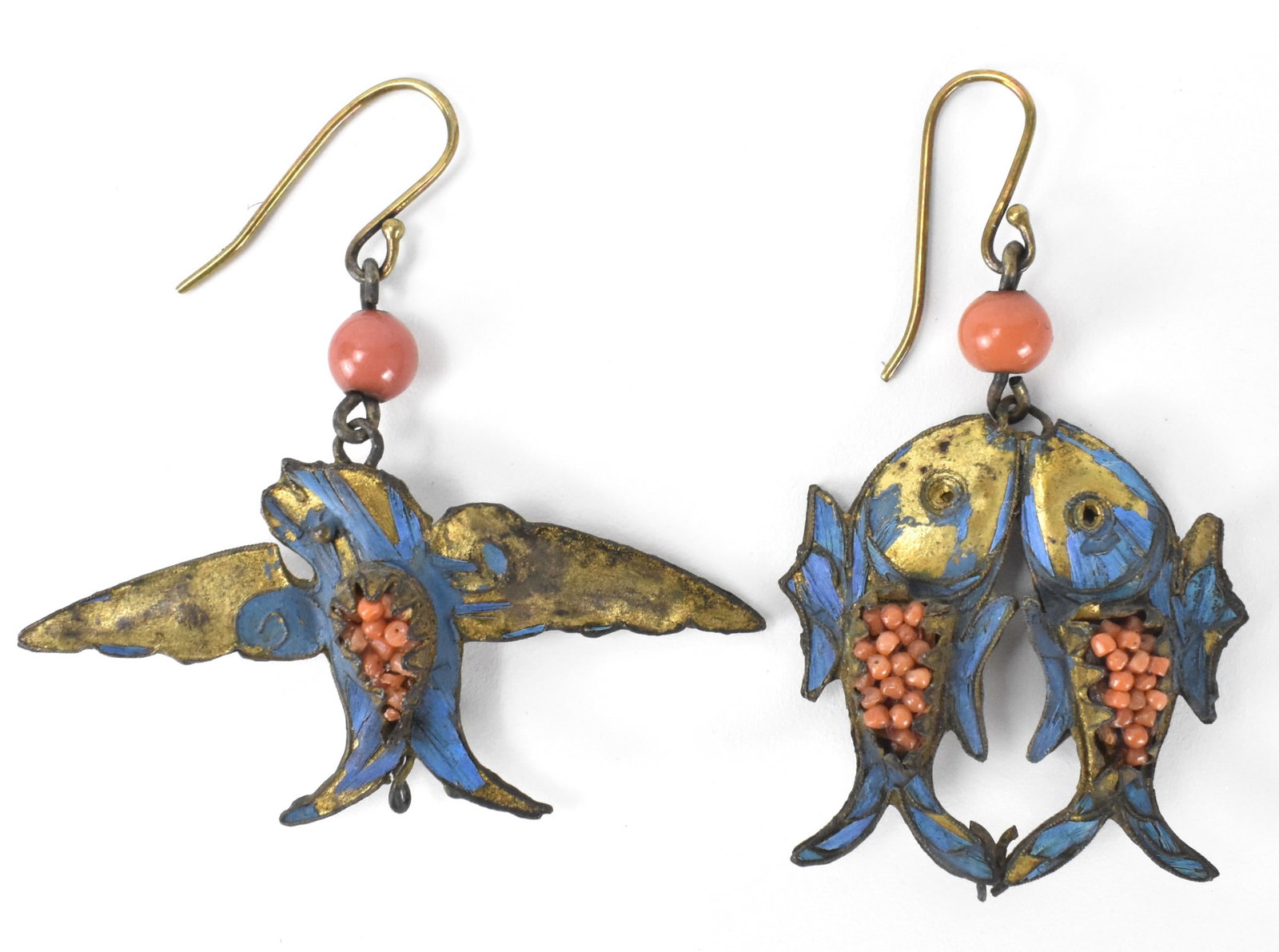 2 Kingfisher Bird & Twin Fish Earrings w/ Corals (1 of 5)