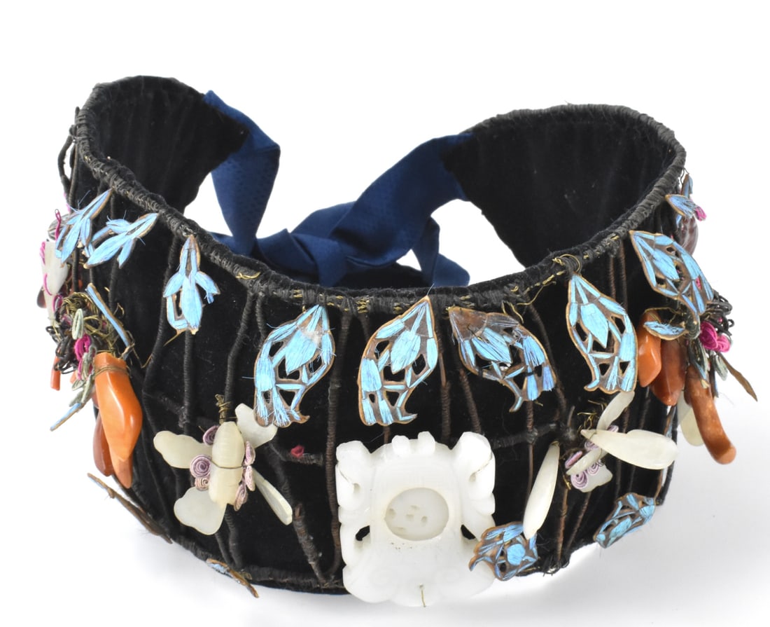Chinese Head Cover w/ Kingfisher,Jade & Beeswax: A Chinese head cover with kingfisher, jade, and beeswax.dated from Qing Dynasty. Colorful and ornate head wrap festooned with multiple beeswax and amber carved flowers, jade carved butterflies, jade p