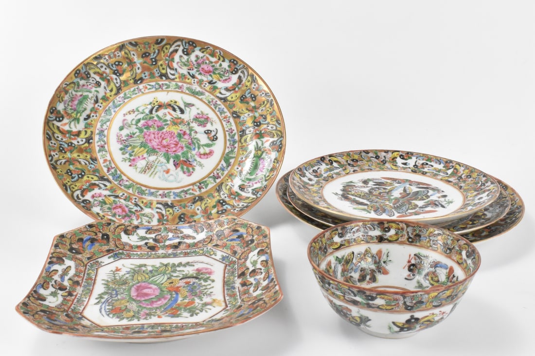 6 Chinese Canton Butterfly Dish & Bowl,19th C. (1 of 15)