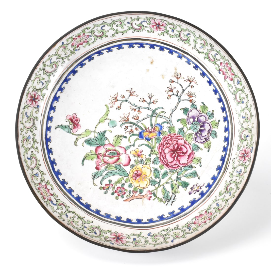 Chinese Canton Enameled Floral Dish, 18th C.: A Chinese Canton enameled dish, dating from the 18th century. shallow dish with rounded sides, the central medallion painted with blossom peonies in various colors on a plain white ground, surrounded 
