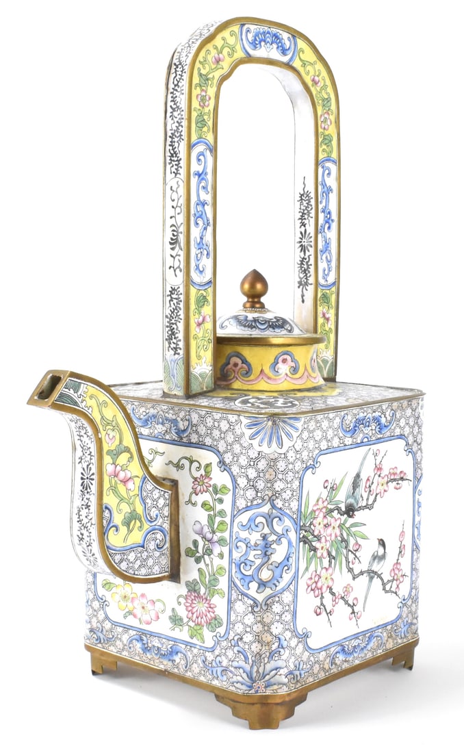 Large Chinese Canton Enameled Square Teapot,18th C: A large Chinese Canton enameled squared teapot, dating from the 18th century. A square shaped enamel teapot, four small corner feet lift body off surface. Flat top with curved neck for the cover. A ta