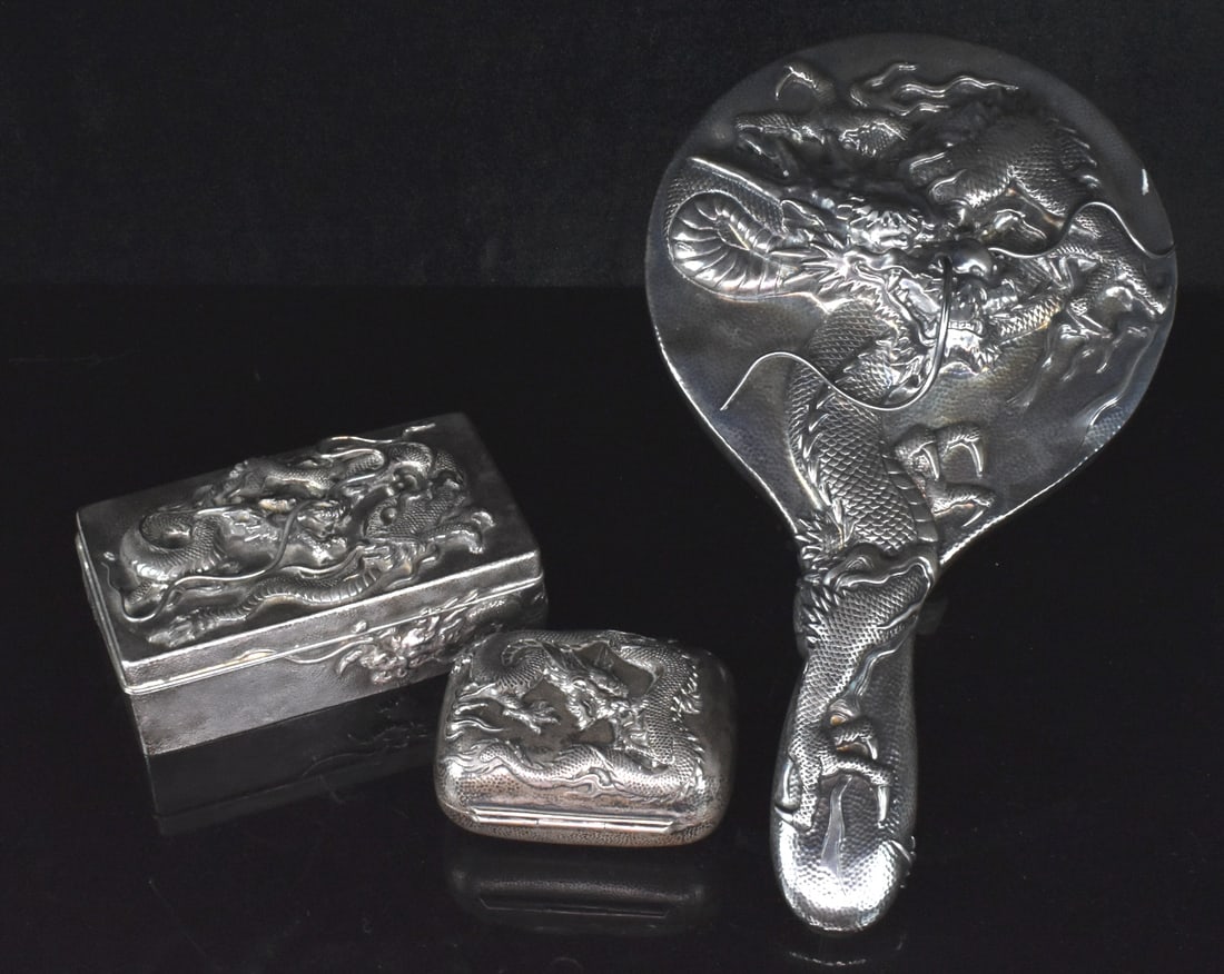 Set of 3 Chinese Silver Dragon Box & Mirror, ROC P (1 of 15)