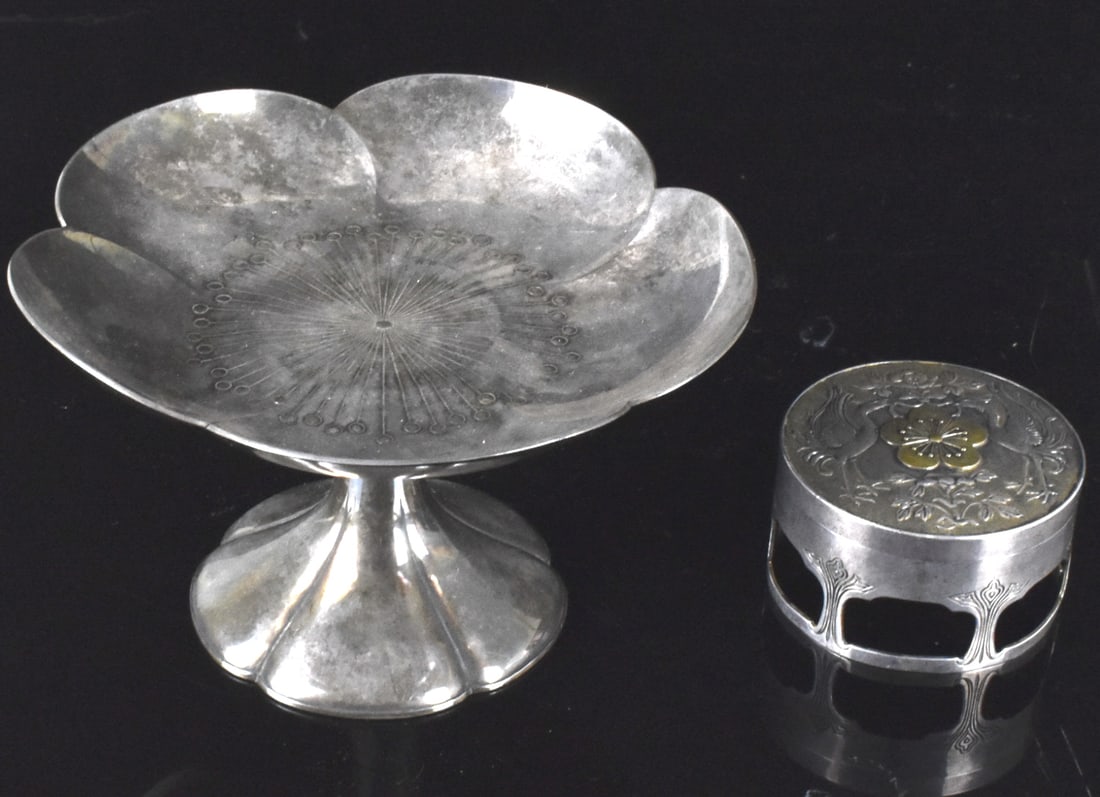 2 Japanese Silver Stem Plate & Box, Meiji Period (1 of 11)