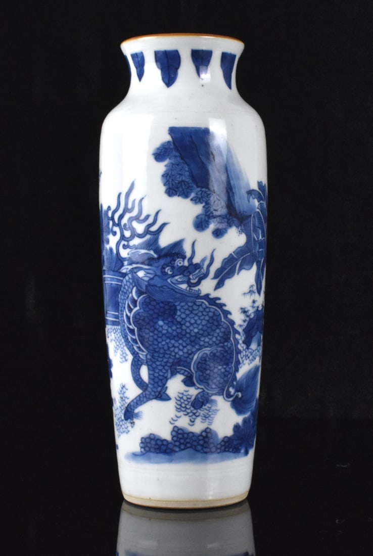 Chinese Blue & White Sleeve Vase w/ Kirin, Qing D. (1 of 14)