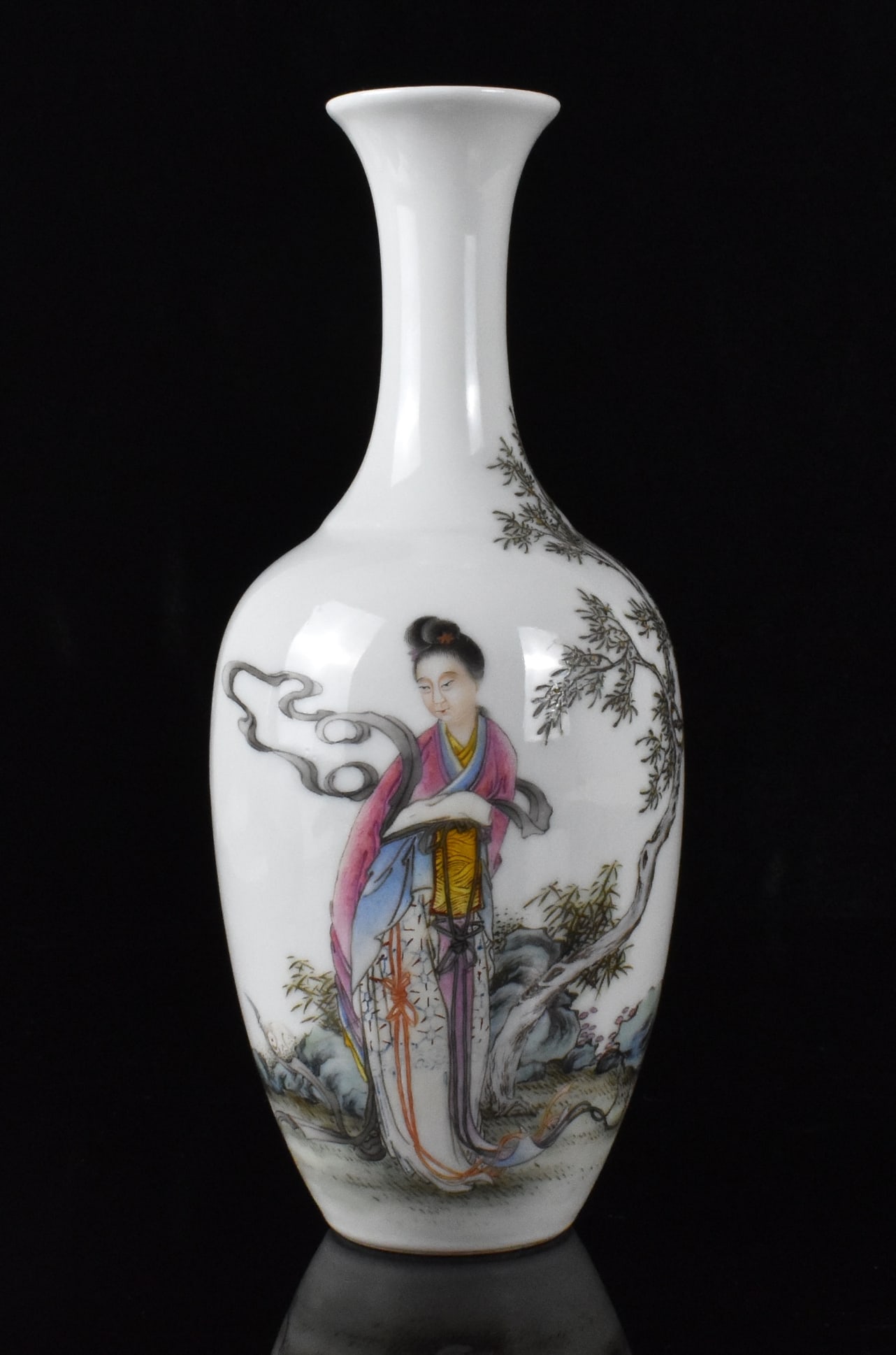 Chinese Famille Rose Beauty Vase, ROC Period: A Chinese famile rose porcelain vase.dated from ROC Period, Beautiful painted lady in pink robe standing in nature as a celestial cloud around her. A large tree to her side curves up the neck of the v