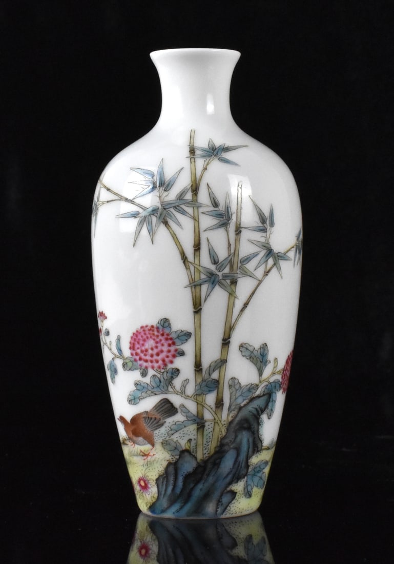 Chinese Porcelain Eggshell Enameled Vase, ROC Pd.: A Chinese porcelain eggshell enameled vase, dating from the Republic period. Small and elegant finely painted scene of two pheasant facing each other in nature with bamboo tree overhead, red peony flo