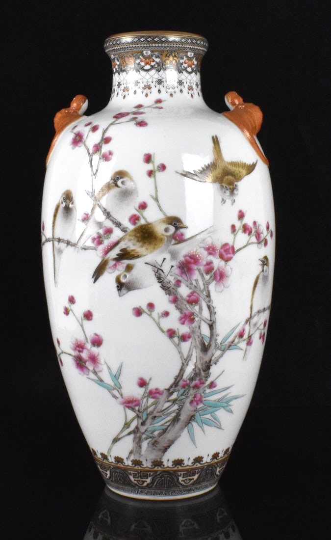 Chinese Famille Rose "Sparrow" Vase,ROC Period: A Chinese famille rose sparrow bird vase dating from Republic Period. A high shouldered vase with wide neck and short mouth with thick gilt lipped rim. beautiful decoration of sparrow flying and perch