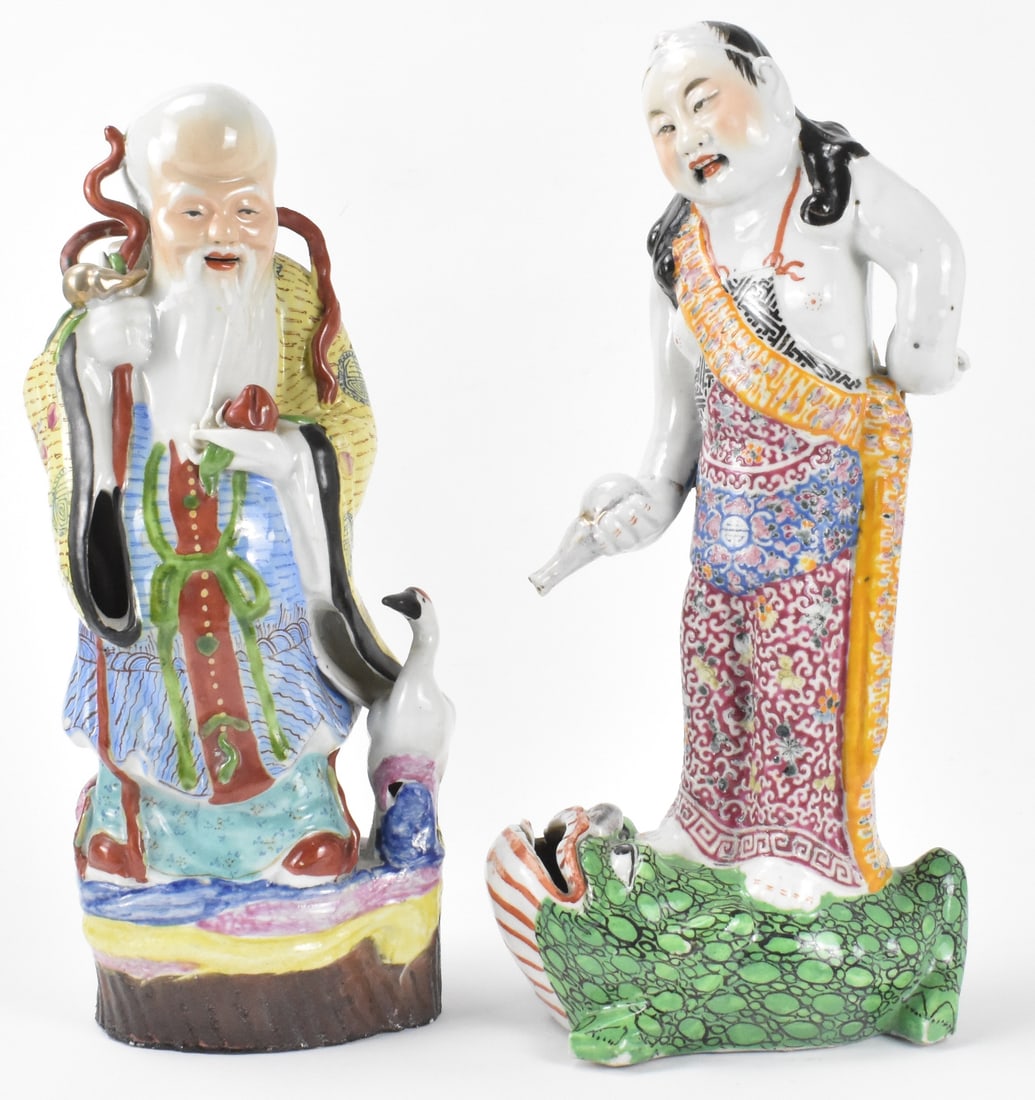 2 Chinese Famille Rose "Shou"&"Liuhai" Figure,ROC: Two Chinese famille rose "Shou & Liuhai" figures, dating from the Republic period. The standing shou figure with long white beard holds the traditional large peach in his hand, a symbol of immortality