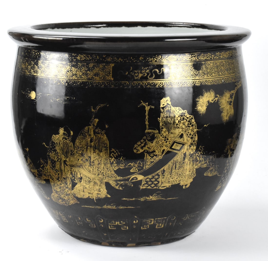 Chinese Gilt Mirror Black Glaze Fish Bowl, 19th C.: A Chinese gilt mirror black glazed fish bowl, dating from the 19th century. Heavily potted large fish bowl with rounded body and flat rim. Decorated with theme of wise elderly figures with staff surro