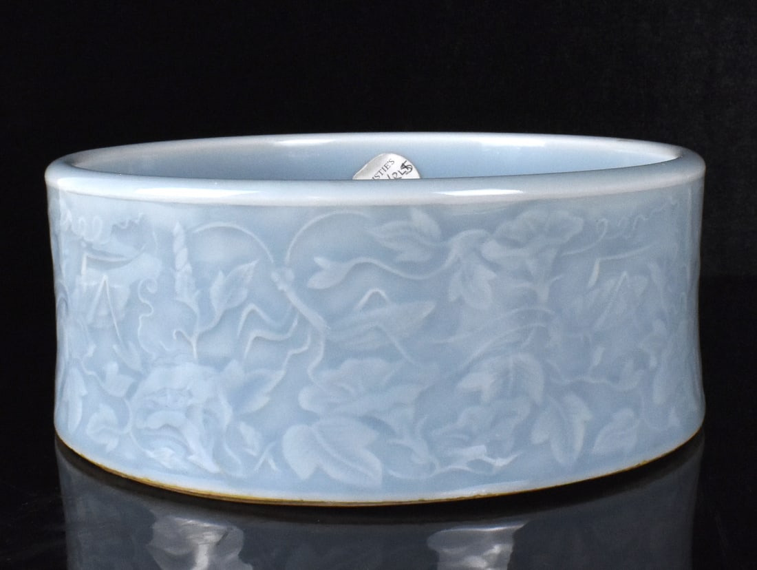 Chinese Clair De Lune Washer, ROC Period: A Chinese clair de lune washer, dating from the Republic period. Heavily potted washer with sturdy thick sides and thick base. Light blue glaze with straight sides and smooth interior. exterior decora