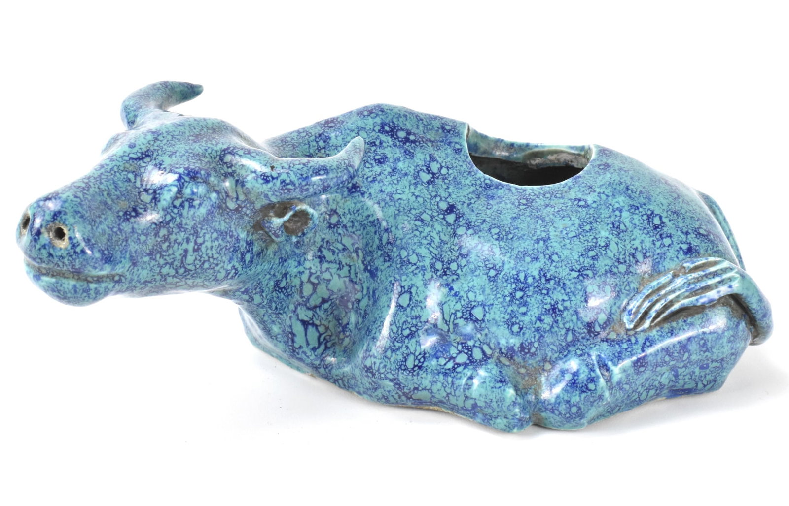 Chinese Robin Egg Glazed Buffalo Water Drop,ROC P.: A Chinese robin egg glazed buffalo water drop, dating from the Republic period. The buffalo is resting on all four legs with large head turned slightly to its left. A hole in its back for the water. L