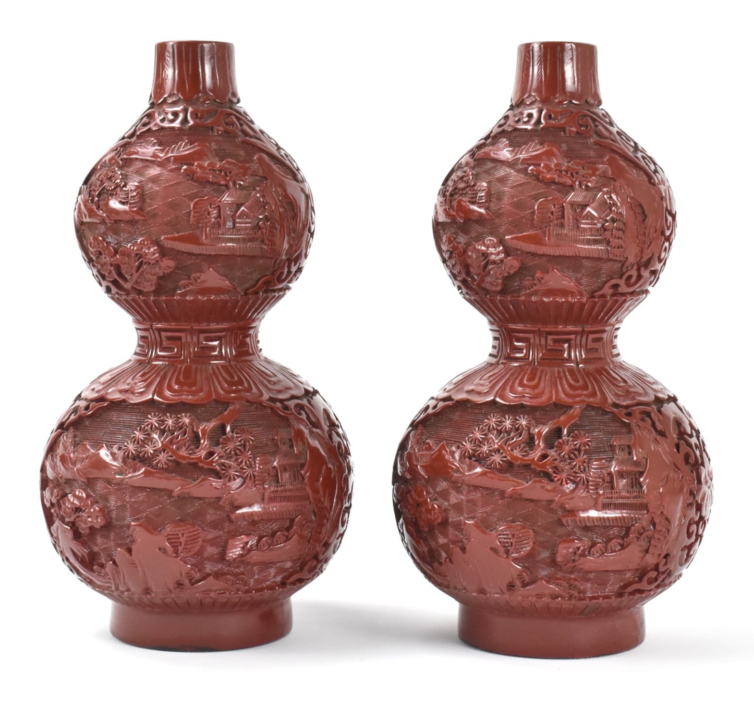 Pair of Chinese Cinnabar Carved Gourd Vase, 19th C: A pair of Chnese Cinnabar carved gourd vases, dating form the 19th century. Crisply and deep carved gourd vases, each with scrolling detail and featuring Chinese landscape on top and bottom, finely de