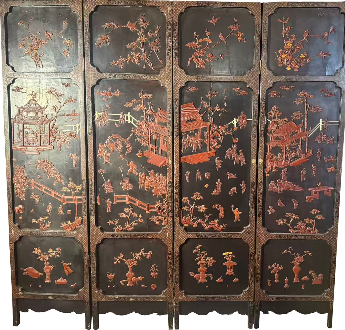 Chinese Four Panel Cinnabar Lacquer Floor Screen (1 of 19)