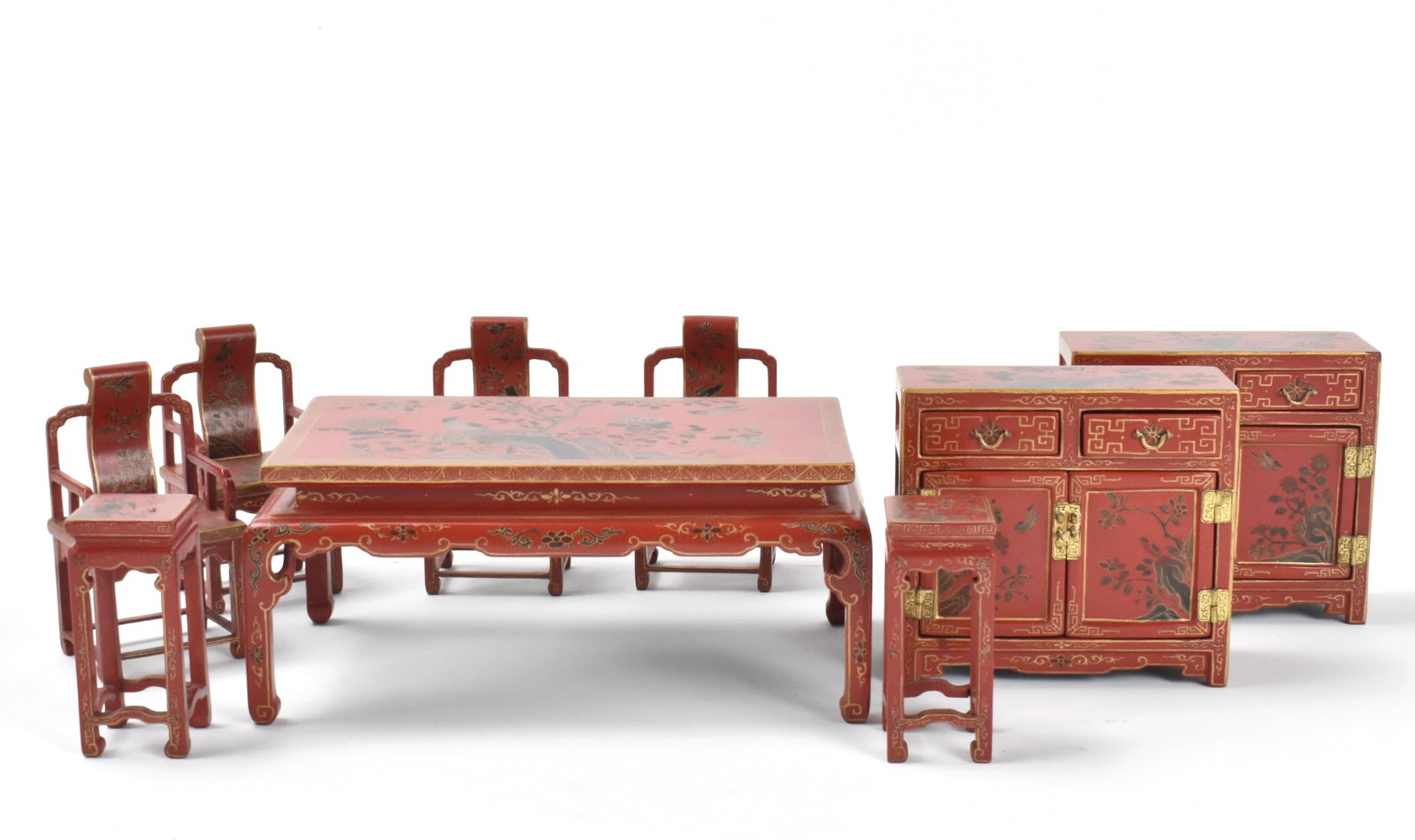 Set of 9 Miniature Lacquered Table Objects, ROC Pe: A set of 9 miniature lacquered table objects, dating from the Repblic period. A rectangular Chinese table, two tall Chinese display stands, four Chinese chairs with arm rests, and two Chinese cabinets
