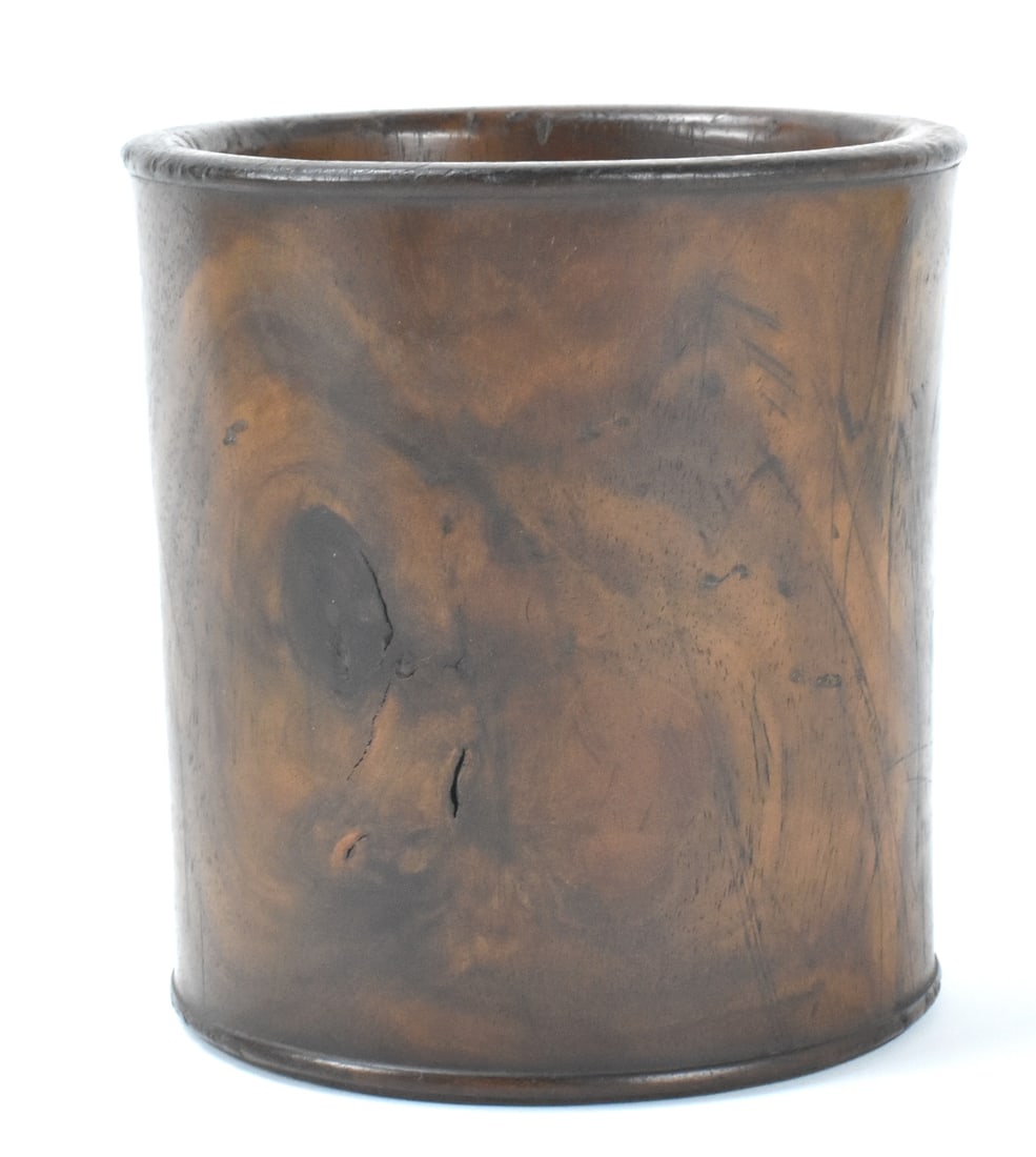 Chinese Huanghuali Carved Brushpot, Qing Dynasty: A Chinese Hunghyali wood carved brushpot dating from the Qing dynasty. Circular brushpot with rounded rim and slightly bowed form, hunghuali grain showing throughout. H. 4 3/4" (12 cm)., D. 4 1/2" (11