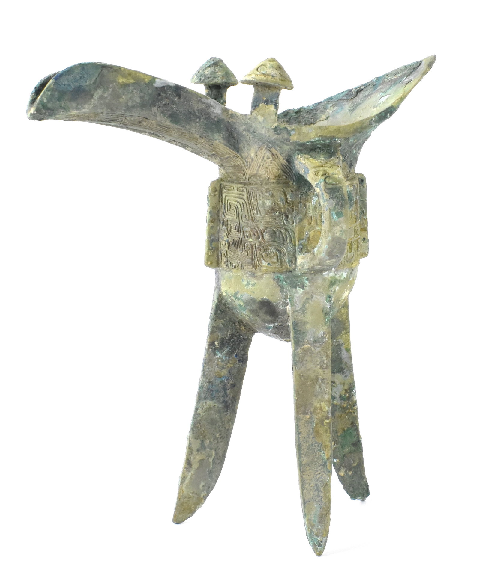 Chinese Inscribed Bronze Vessel "Jue",Western Zhou: A Chinese archaic bronze vessel "Jue" dating from the Western Zhao dynasty (1046-771 BC). the U shaped body supported by three splayed triangular legs to a pointed rim opposite a guttered spout flanke