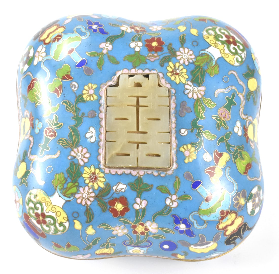 Chinese Cloisonne Covered Box w/Jade Plaque,19 C.: A Chinese cloisonne covered box with jade plaque, dating from the 19th Century. A square lobed rounded box with Chinese antique and table objects decoration against turquoise ground. A rectangular car