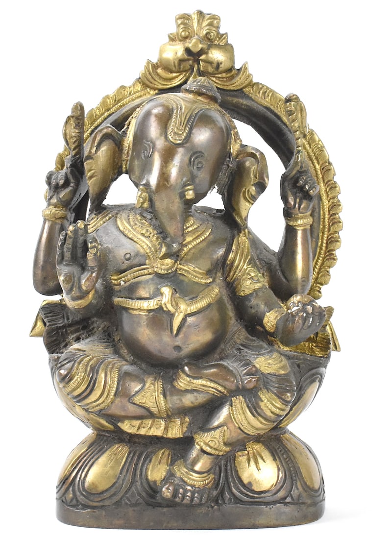 Indian Gilt Bronze Elephant Buddha Figure, 19th C.: an Indian gilt bronze elephant Buddha figure, dated from 19th C. heavily cast bronze figure depicting Buddha as elephant with four arms, each either giving a mudra gesture or holding an auspicious obj